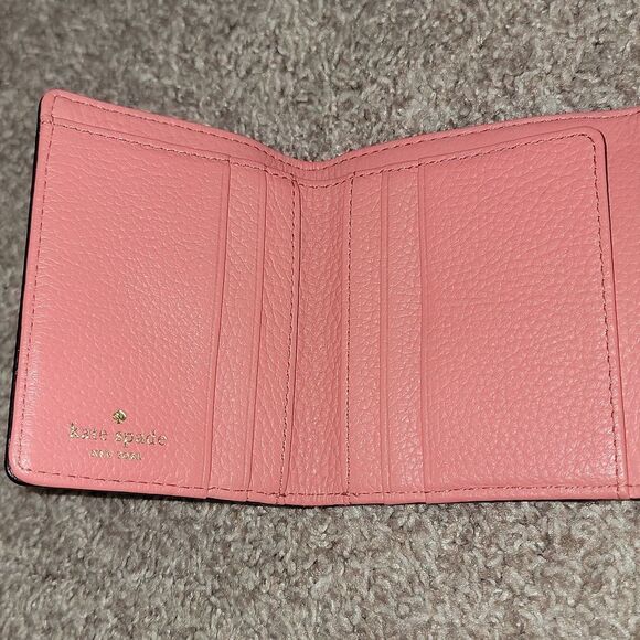 Kate Spade Pebbled Leather Trifold Coral Pink Salmon Wallet w Striped Lining - Picture 3 of 16